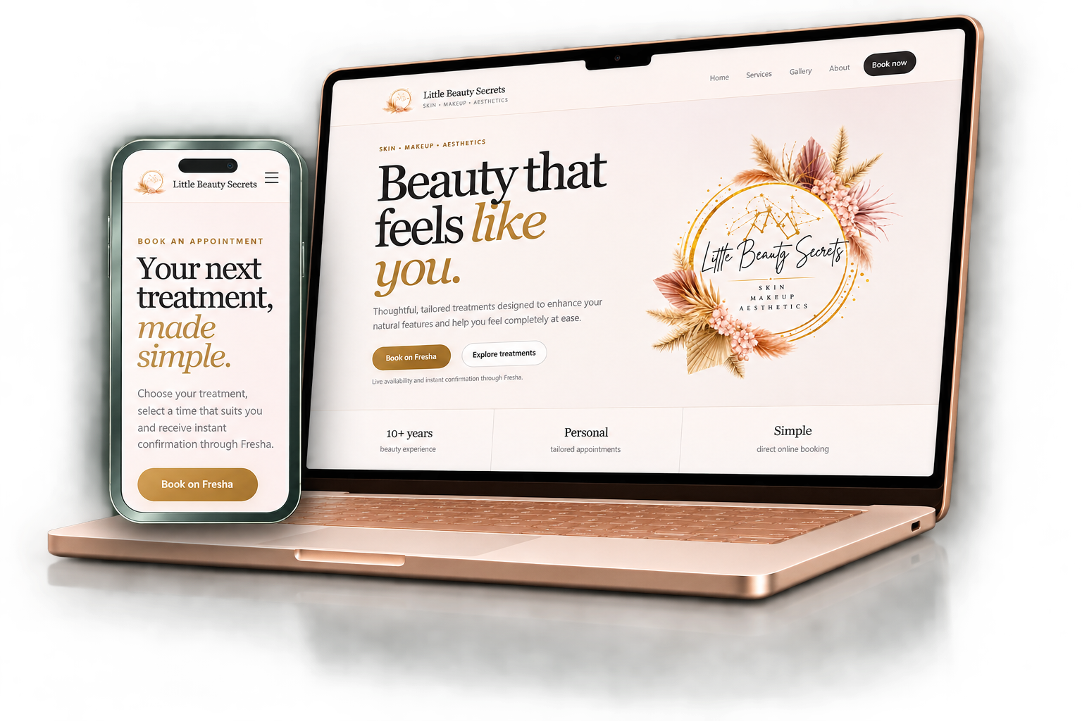 Little Beauty Secrets website shown on a rose-gold laptop and sage green mobile device.